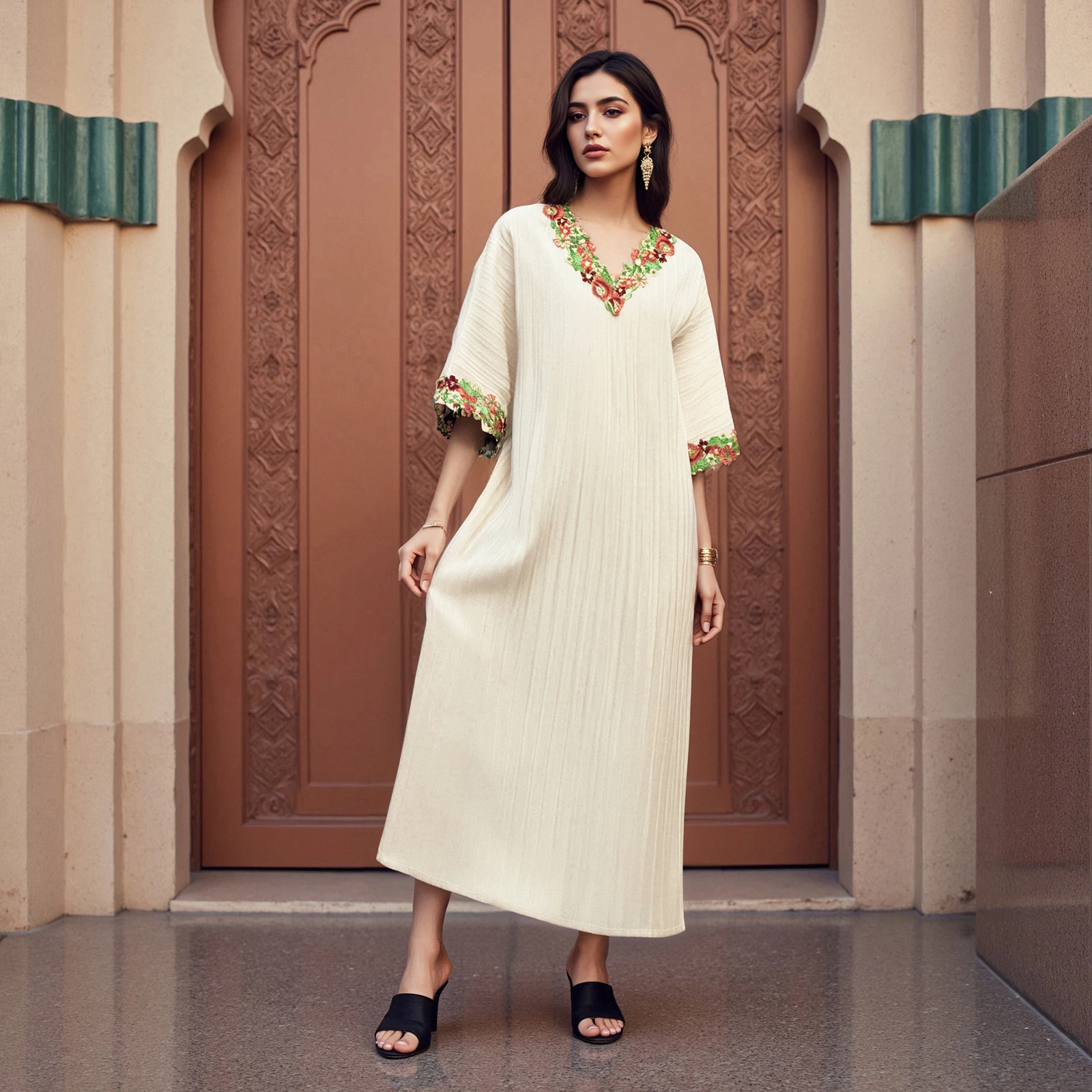 Robe Ample Colore Florale V Cou Col Manches Motifs Colorés Midi Longue Couture Coton Lin Eté Soirée İslamique Prière