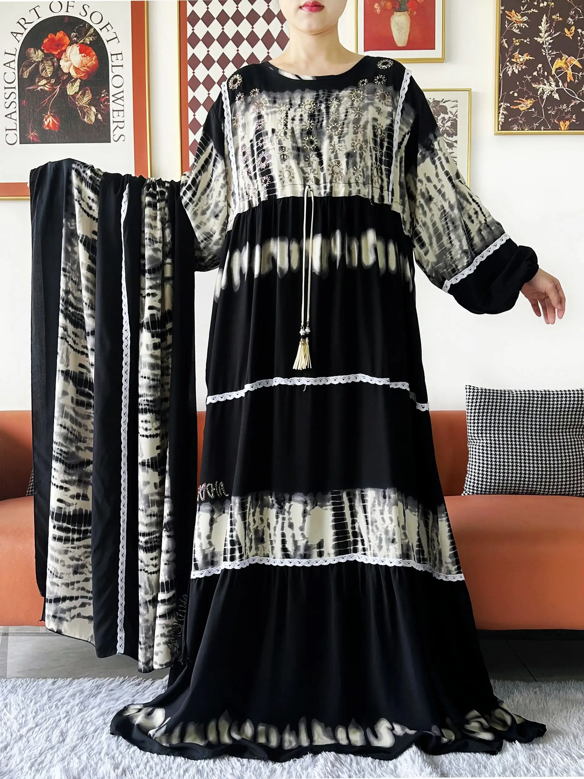 Abaya – robe d'automne en coton à manches longues pour femmes, Design de haute qualité, dubaï, avec grande écharpe, Boubou Maxi, robe africaine pour femmes