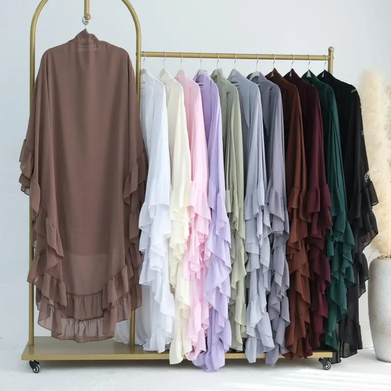 Longue écharpe en mousseline de soie pour femmes musulmanes, hijab, Dubaï, Abaya, deux couches, à volants, enveloppes de sauna, châles, Eid, arabe, islamique, tiens imar, Ramadan