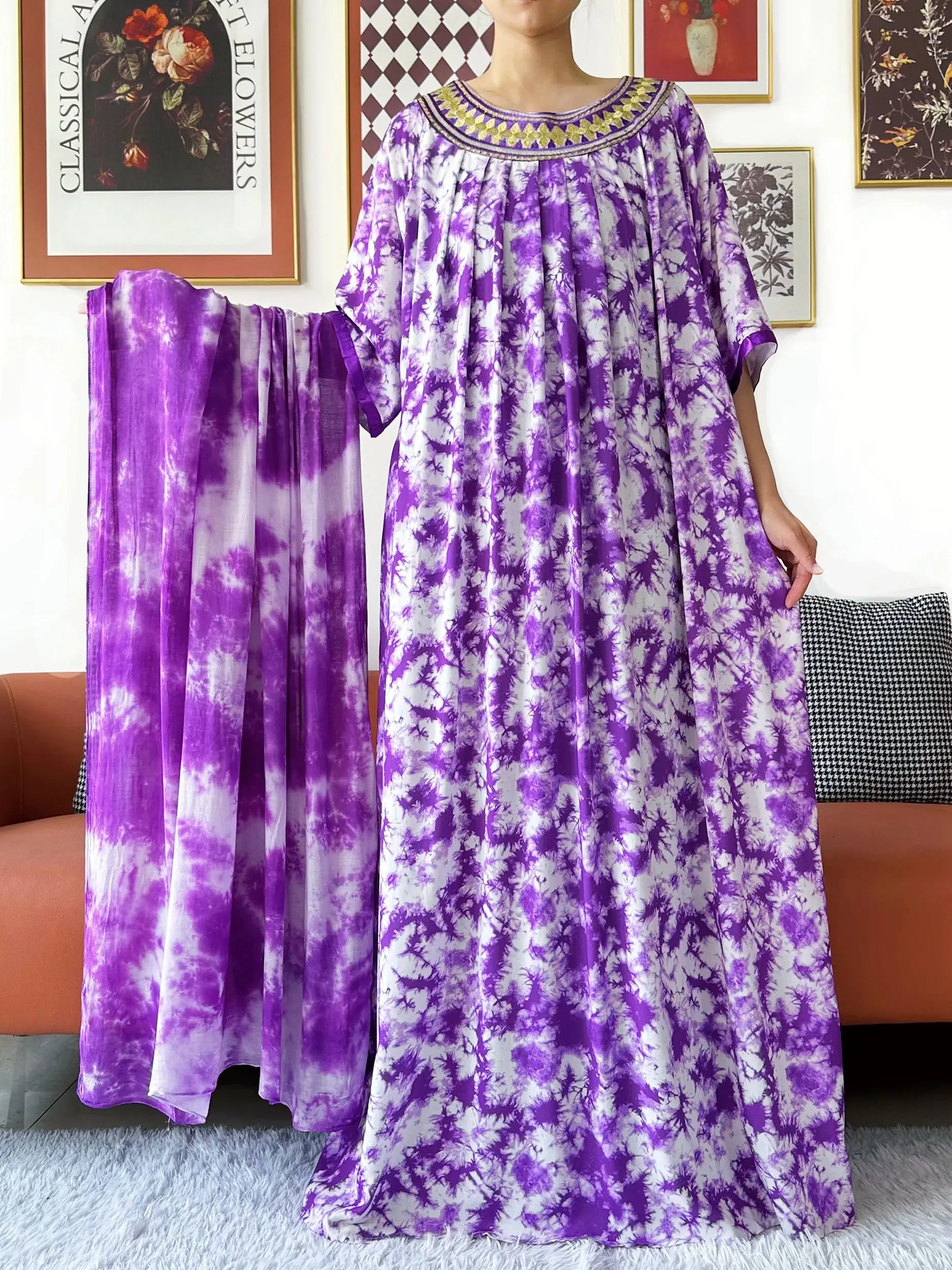 Kashkha élégant Abaya robe à manches courtes cravate-teinture coton femmes ample Abaya Boho Maxi robe décontracté robe de mode robes africaines