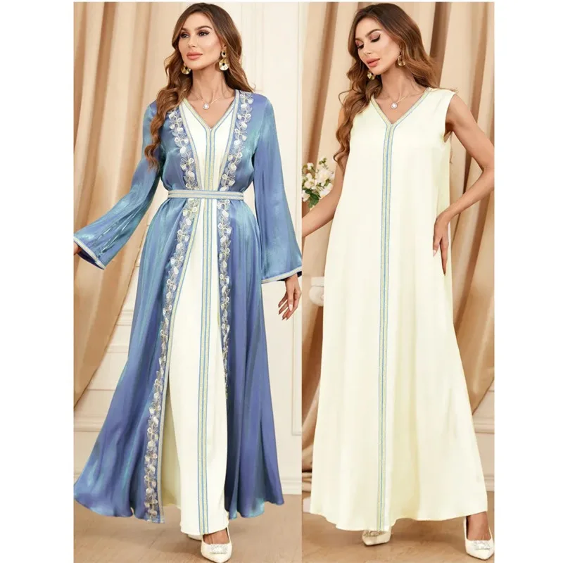 Abaya – ensemble de robe intérieure brodée pour femmes musulmanes, 2 pièces, Kaftan turc, robes de soirée, Kimono arabe de dubaï, Jalabiya