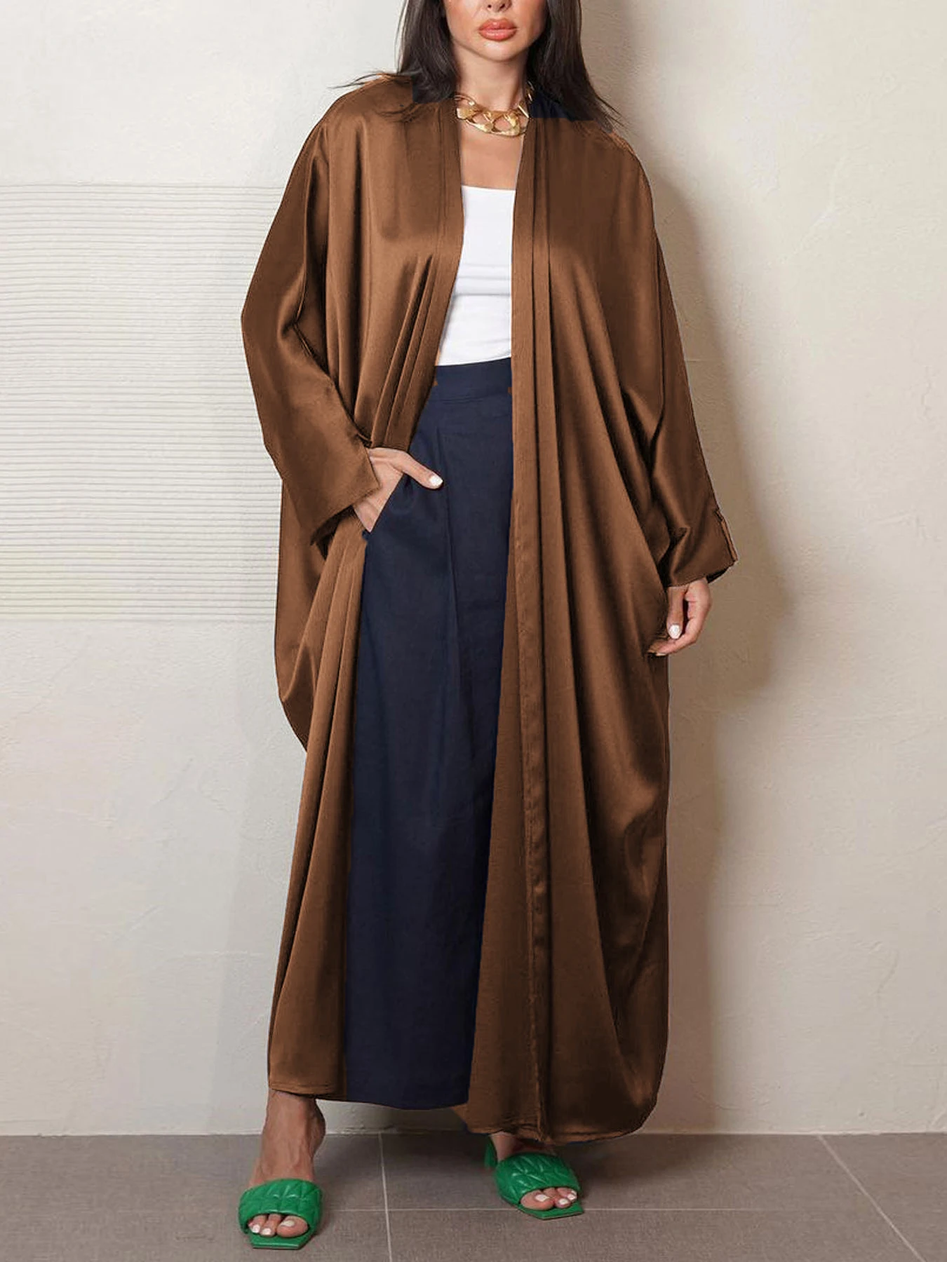 Kimono Abayas femmes modeste musulman marocain dubaï mode décontracté ouvert Abaya soie Satin Corban manches fendues Cardigan Eid Al Adha