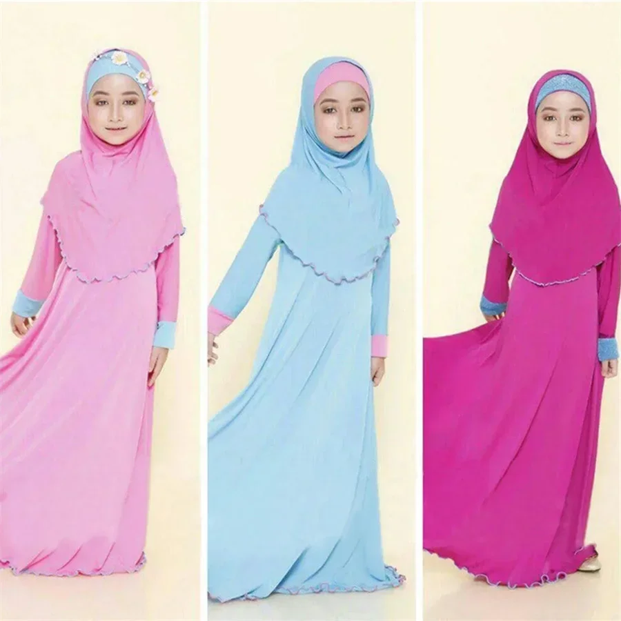 Robe Ample Polyester Rose Pastel Bleu Clair Violet Foncé Hijab Manches Longues Bordure Decorative Occasionnelle Ramadan Aide Soiree Elégante