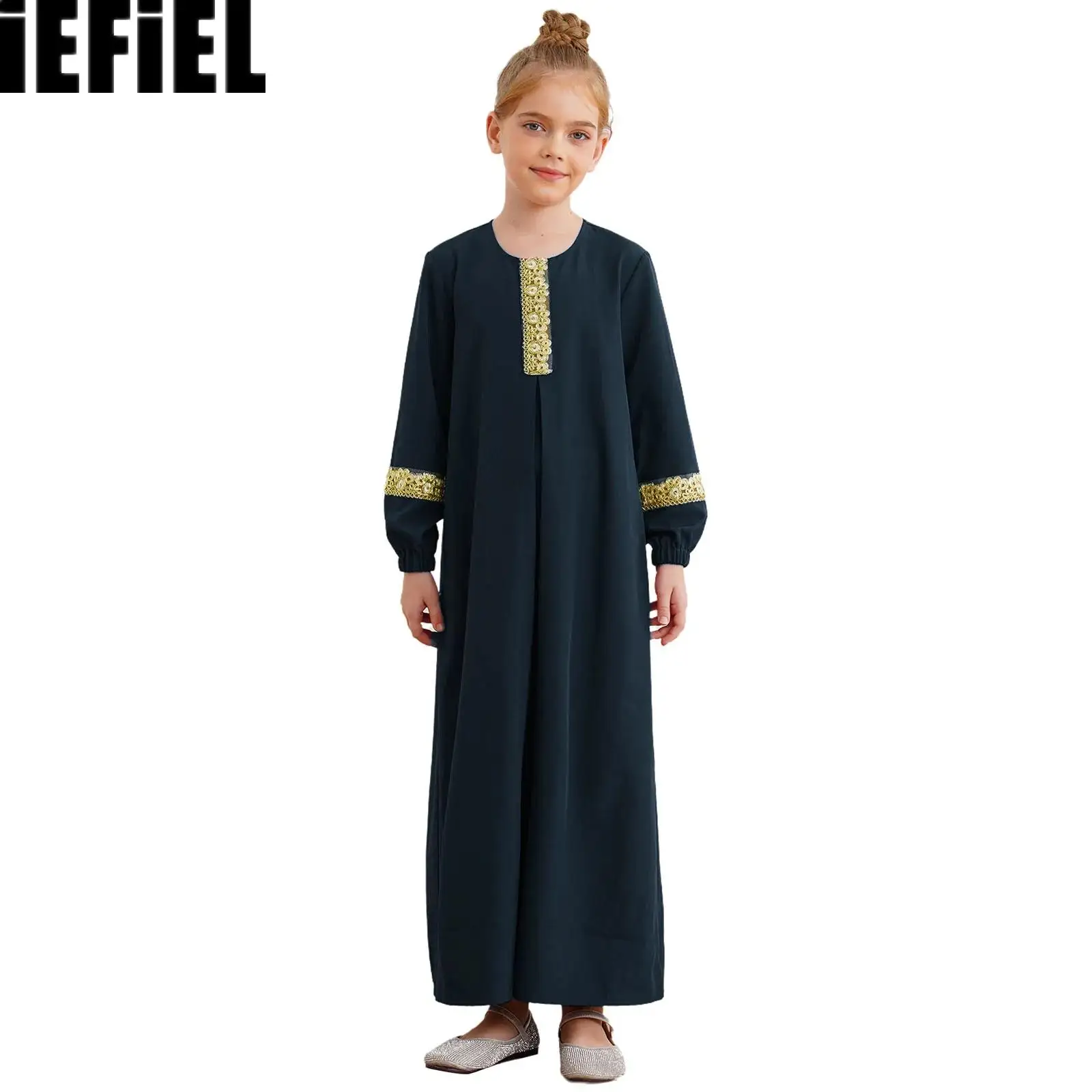 Robe Large Polyester Non Tissé Coupe Simple Confortable Bordures Dorées Couleur Bleu Marine Occasion Fête Vacances Enfant Fille