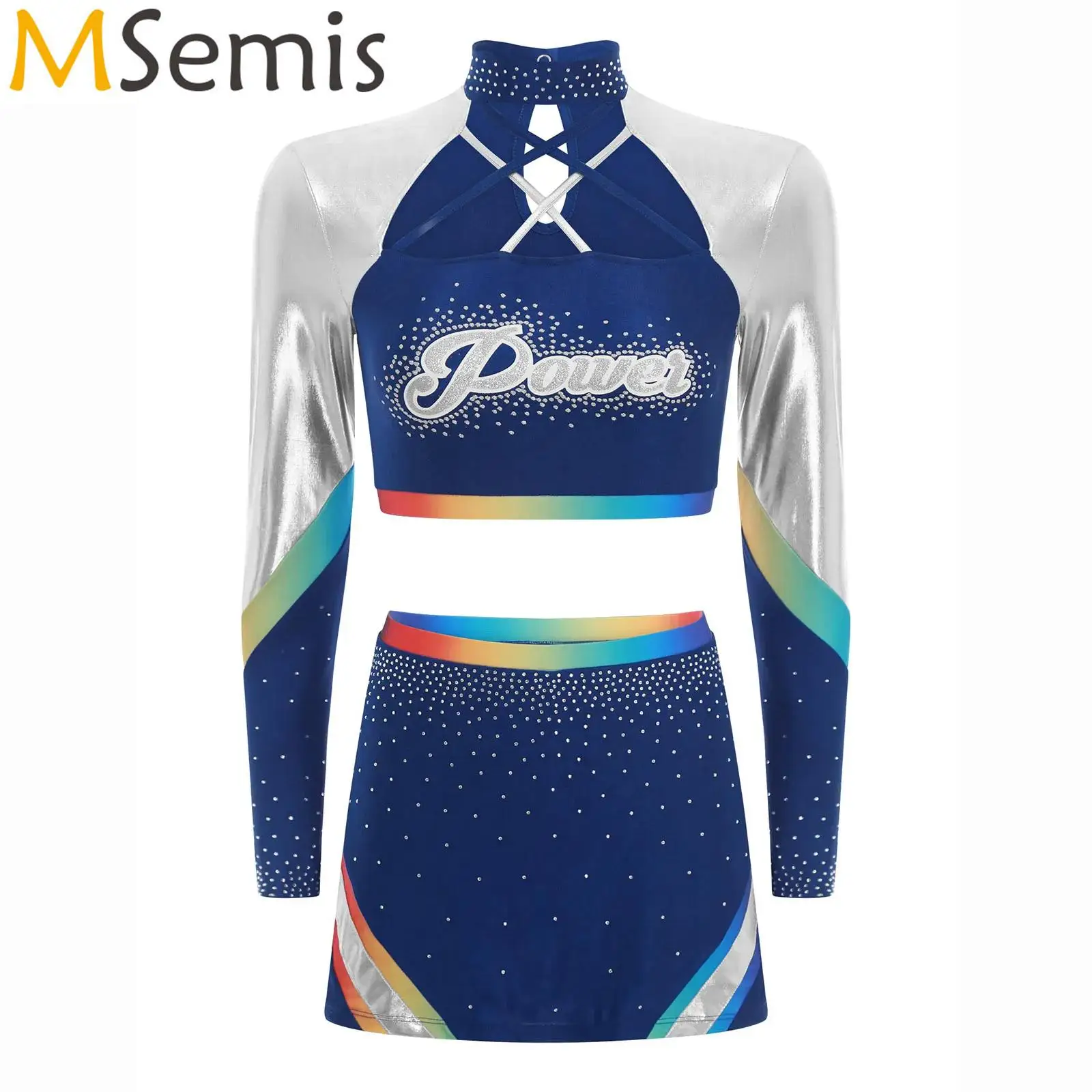 Costume de pom-pom girl à strass pour femmes, uniforme de pom-pom girl, haut court de danse de Ballet à manches longues avec jupe de danse, ensemble strass