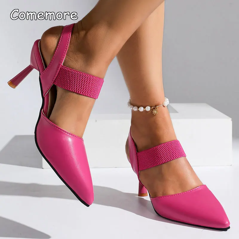 Sandales élégantes à talons hauts Rose rouge pour femmes, chaussures de soirée en cuir Pu à talons fins, grande taille, bande élastique, sandales à bout pointu