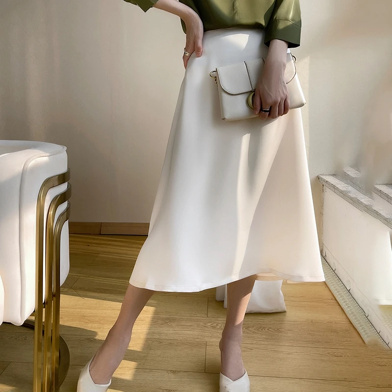 Acétique – jupe mi-longue en Satin pour femmes, en forme de A, taille haute, style parapluie, collection printemps et été
