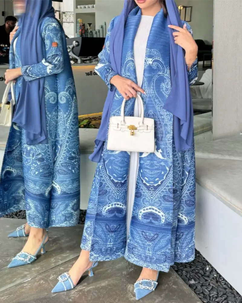 Abaya – cape plissée à imprimé ethnique pour femme, cardigan à lacets, haut long, Miyake, 2025