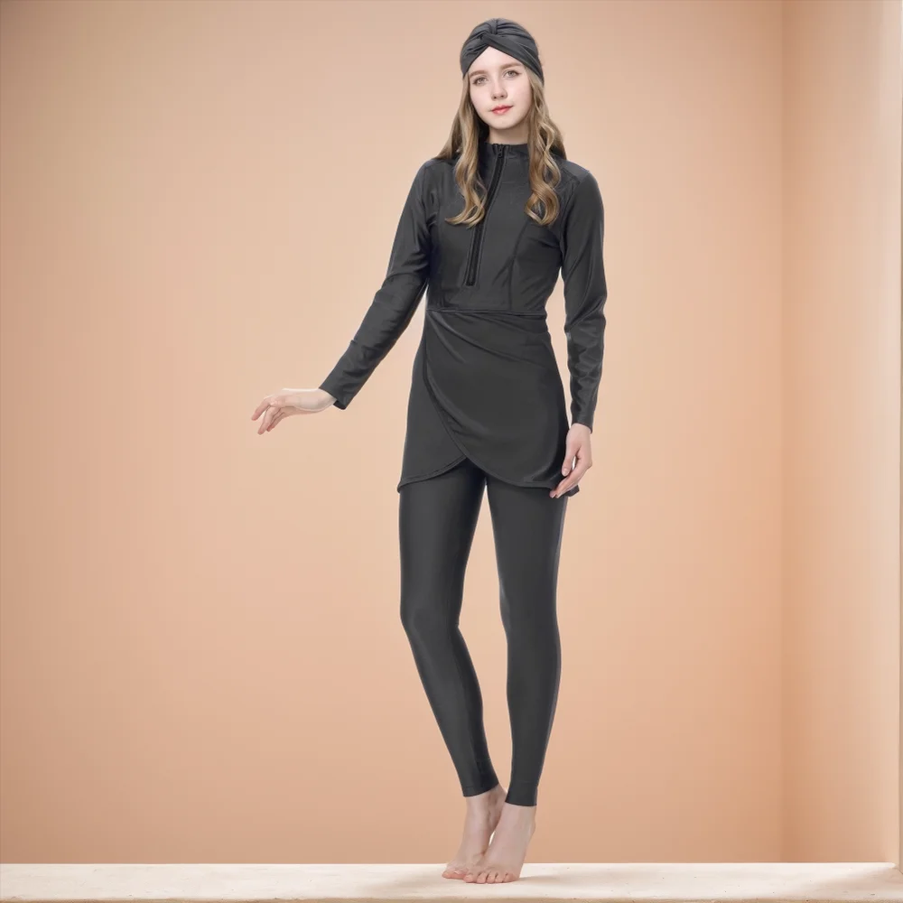 1 ensemble femmes musulmanes modeste Patchwork Hijab maillot de bain à manches longues Sport Burkinis islamique vêtements de bain