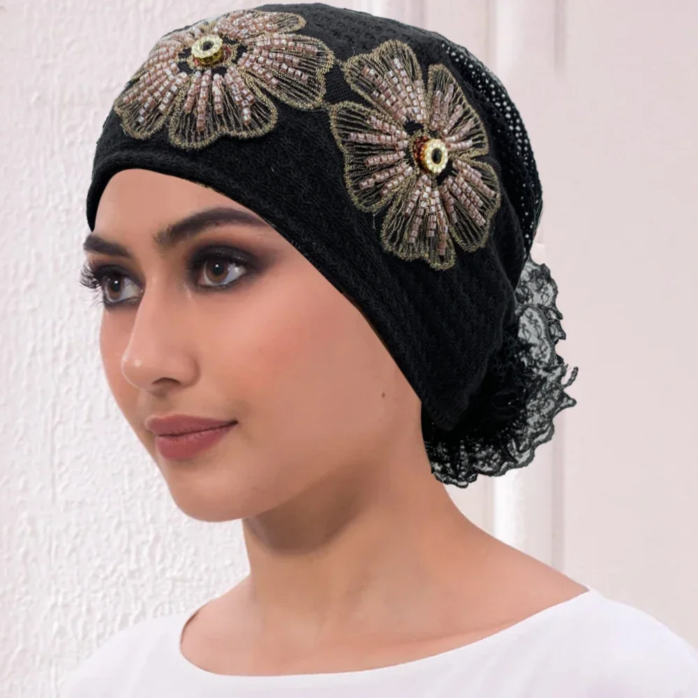 Musulman sous écharpe chapeau Cancer chimio chapeaux Turbante mujer broderie Turban casquette pour femmes été respirant bandeau Bonnet