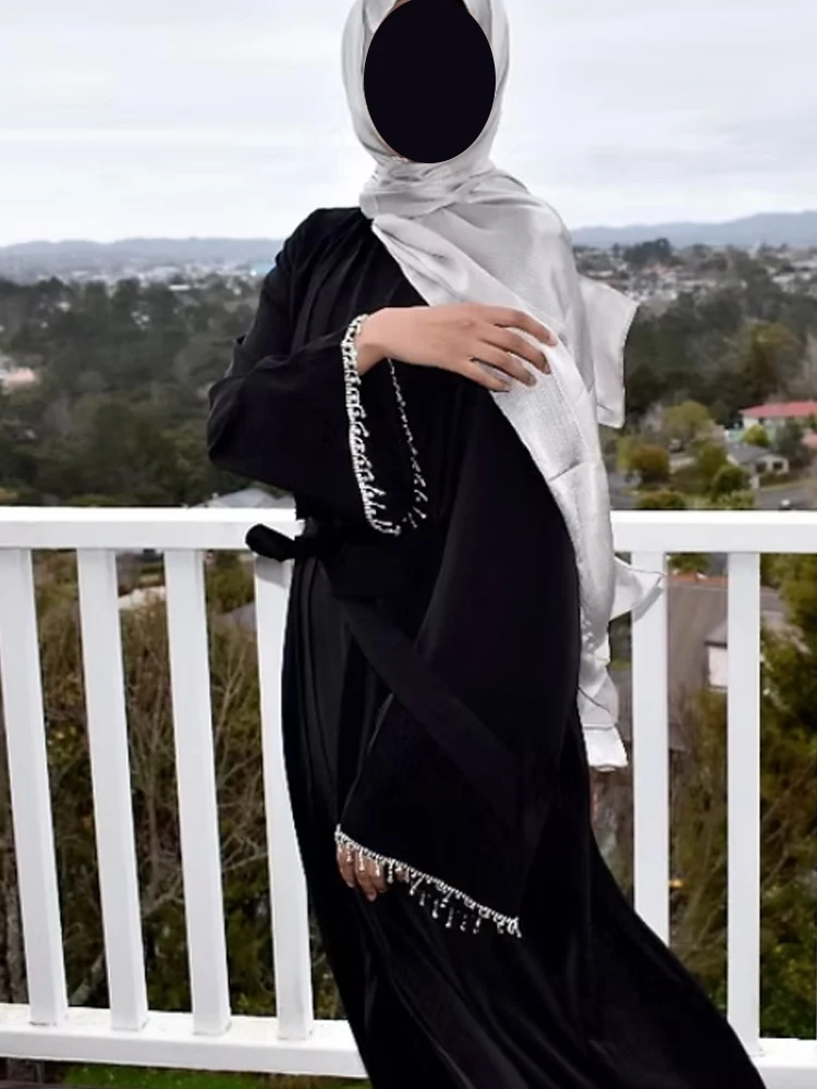 Ramadan musulman Abaya Nida robe noire avec chaîne de cristal ensembles islamiques élégants dubaï longue femme robes de soirée Caftan marocain