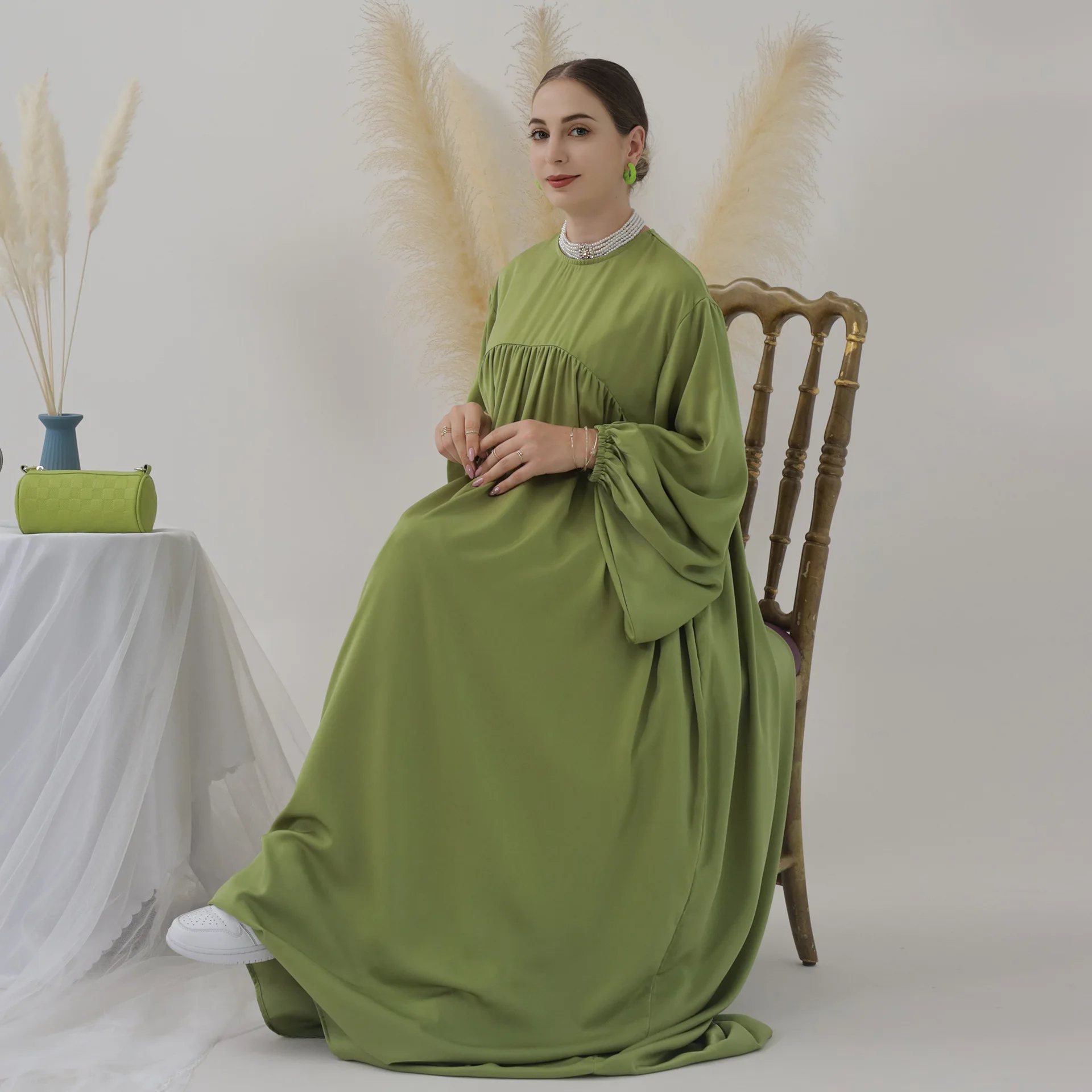Abaya – robe longue musulmane unie pour femmes, Ramadan Eid, velours, Satin, manches ballon, robes africaines islamiques, dubaï, turc, caftan modeste
