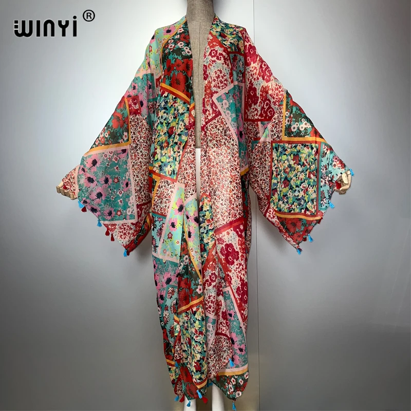WINYI bohème kimono imprimé femmes manteau glands amples Long manteau plage vacances natation couvrir robes de soirée luxe dubaï abaya