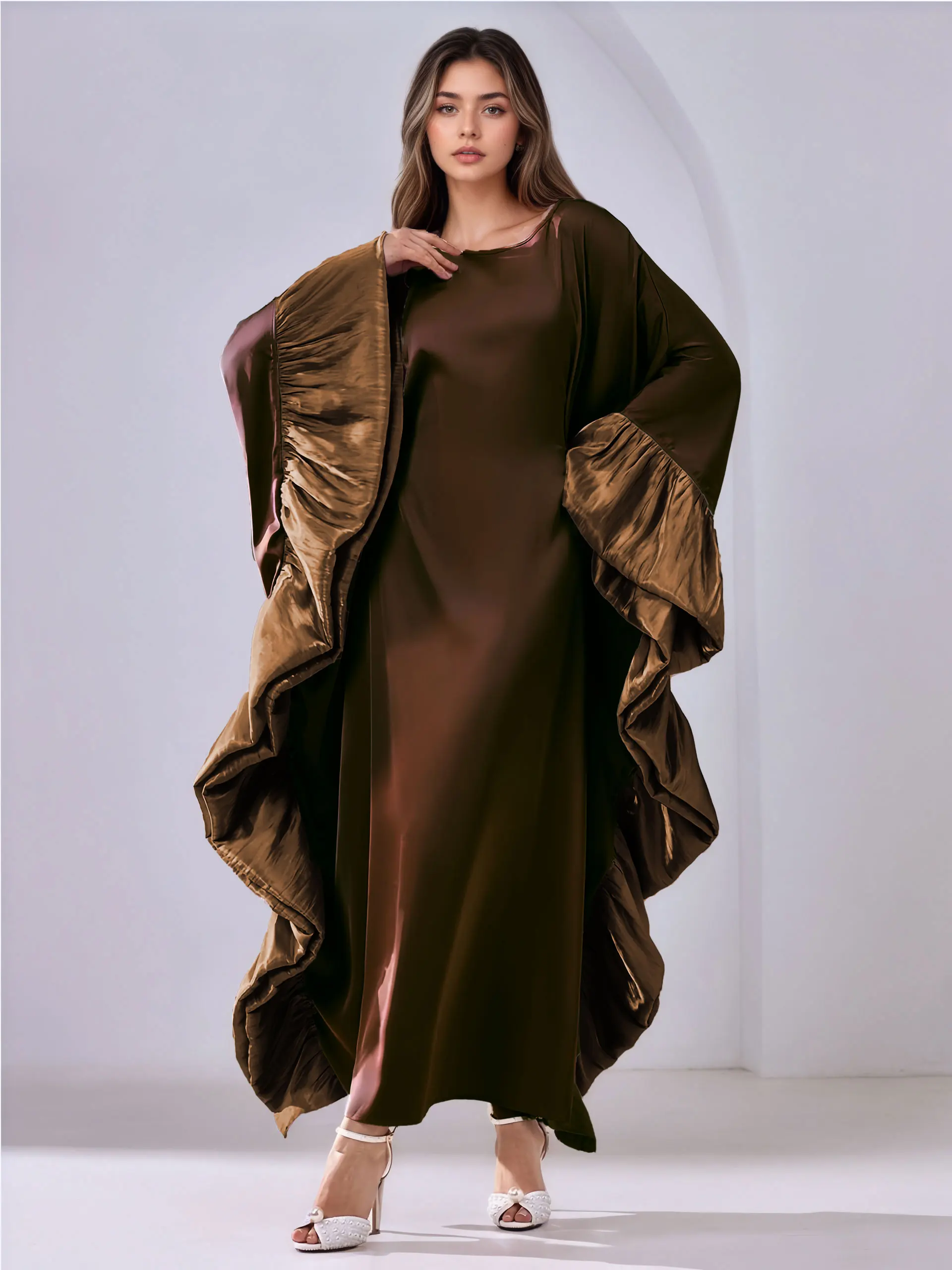 Abaya marron foncé pour femmes musulmanes, avec manches à volants brillantes, pour la mode modeste islamique, prières, mariages, événements religieux, nouvelle collection