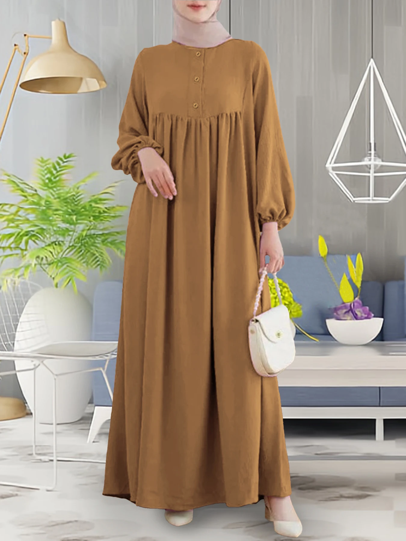 Robe Abaya Polyester Carmel Khaki Purplish Red Longue Manches Longues Cintrée Plissée Boutons Amoureuse Soiree Elegante