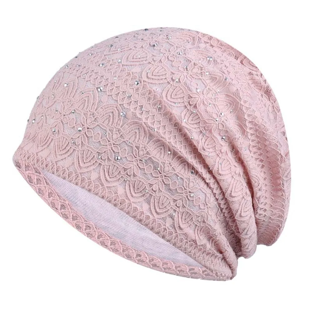 Bonnet en dentelle douce et décontracté, Style ethnique, strass, chaud, confortable, bonnet de nuit, Hijab, Turban, pour l'extérieur