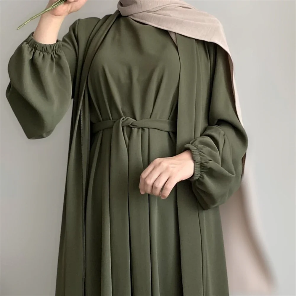 Nouveau Abaya ensemble tissu froissé ouvert Abaya + robe longue intérieure vêtements islamiques femmes musulmanes robes ensemble caftan turc Ramadan Eid