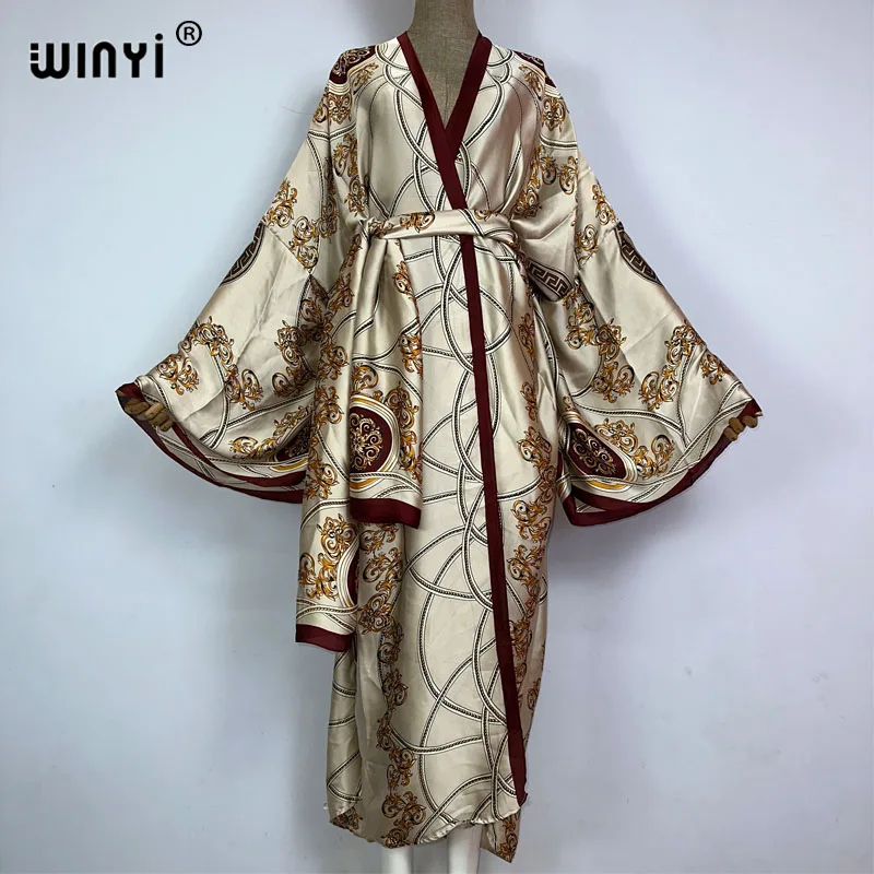 KUWAIT WINYI-Manteau musulman imprimé Boho pour femme, kimono long ouvert devant, kaftan, tunique de plage, robes rondes, 2023