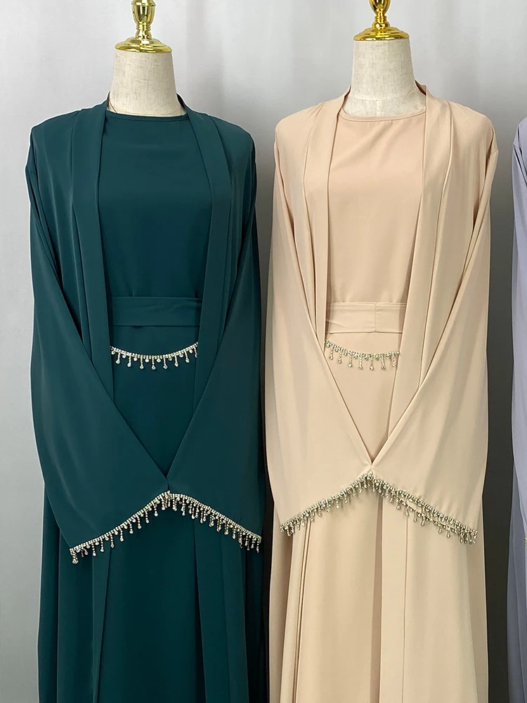 Ramadan musulman Abaya Nida robe noire avec chaîne de cristal ensembles islamiques élégants dubaï longue femme robes de soirée Caftan marocain