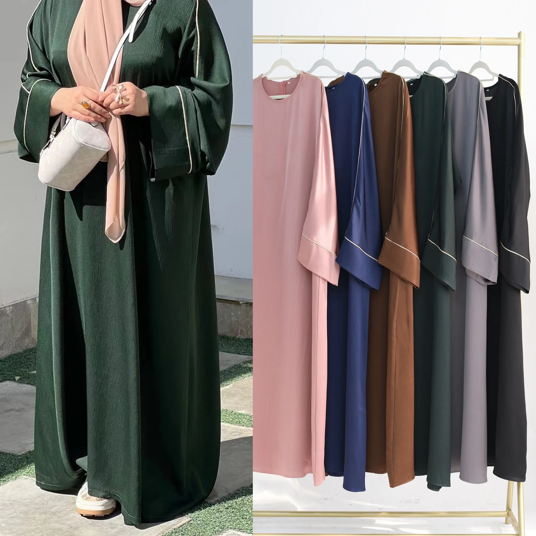 Robe Ample Polyester Acrylique Vert Fonce Manches Longues Ligne Blanche Soiree Traditionnelle Femme Moderne Ramadan