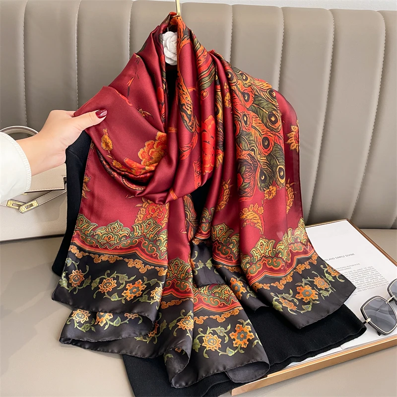 Design Satin soie châle Hijab écharpe femmes mode été crème solaire plage étole enveloppes Bufanda femme foulard Echarpe nouveau
