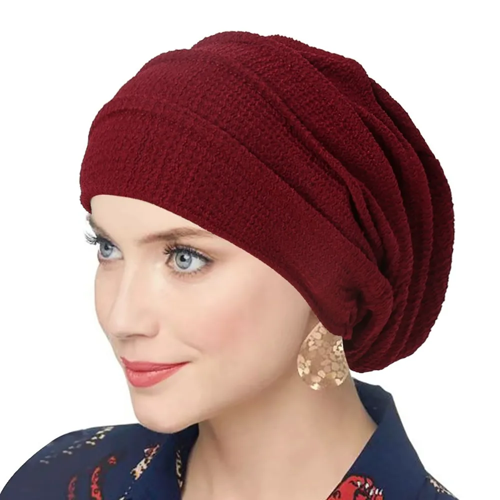 Mode couleur unie femmes froissé Hijab Turban élastique doux chimiothérapie casquette Polyester Baggy bonnets Bonnet