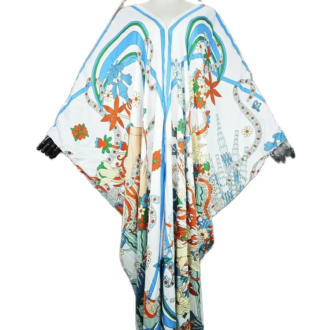 Robe Kaftan Imprimé Floral Blanc Bleu Vert Orange Marron Coupe Libre Longue Plage Soirée Élégante