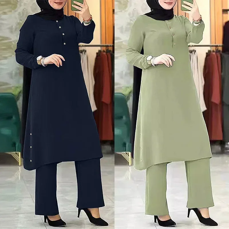 Costume Abaya musulman pour femmes, ensembles assortis élégants, chemise longue à la mode, hauts et pantalons à jambes larges, tenues du Ramadan, survêtements urbains