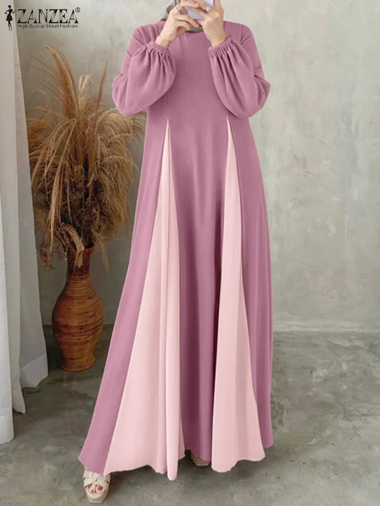 Hijabs modeste femmes Robes longues ZANZEA élégant col rond manches longues contraste-couleur Patchwork Abaya Robes musulman robe Maxi ample