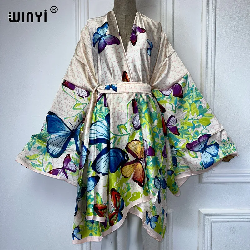 WINYI-Kimono avec ceinture pour femmes, cardigan imprimé, style boho, élégant, maxi, sexy, vêtements de plage, couverture africaine, robes de soirée, abaya