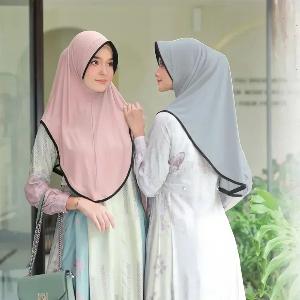 Hijab Polyester Pastel Bordure Noire Coupe Simple Tombé Doux Élégant Femmes Mode Modeste Ramadan Aïd Soirée