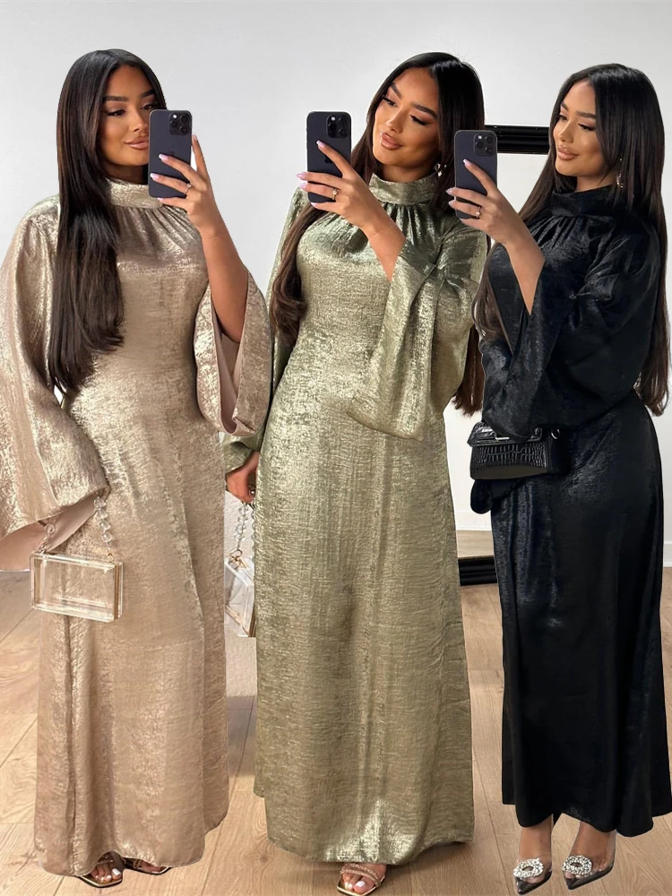 Robe Longue Satin Noire Femme Manches Longues Evasées Coupé Asymétrique Tombé Amplé Occasion Soirée Chic Dubaï