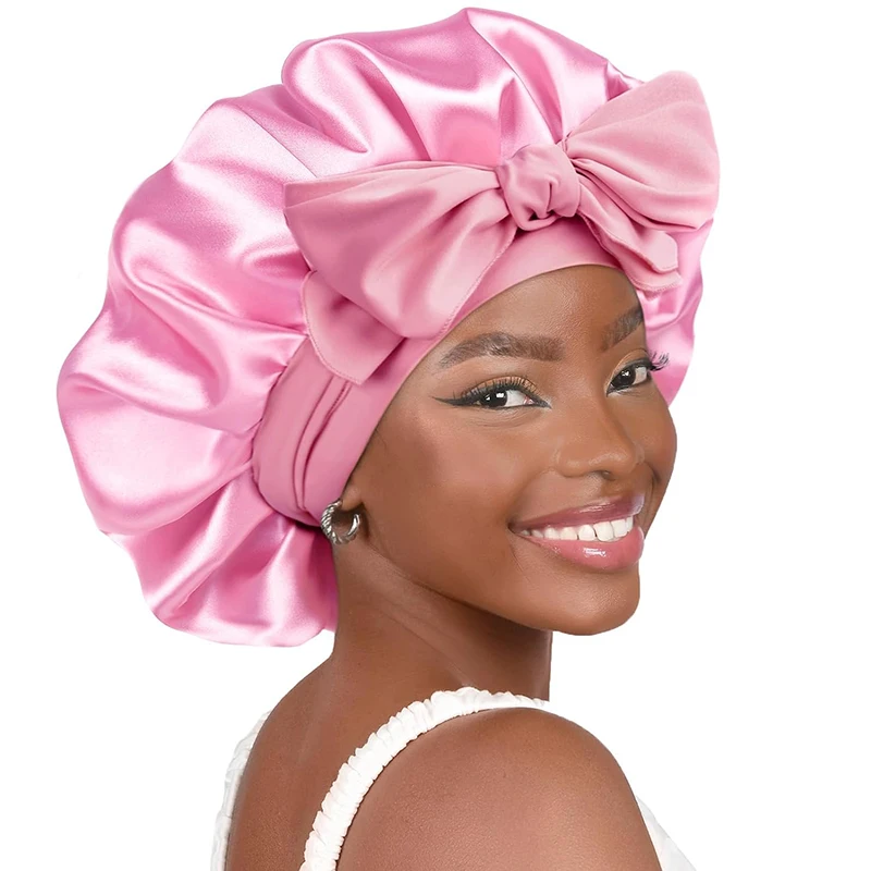 Nouveau Satin solide chapeau de couchage avec bande de cravate extensible élastique pour les femmes nuit Bonnet de douche réglable cheveux couvre-tête Bonnet Turban