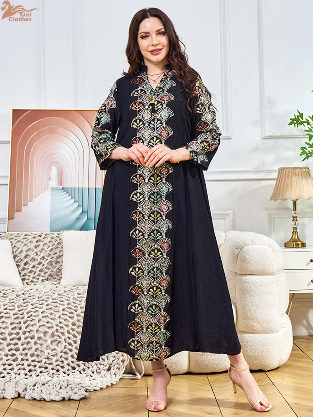 Robe longue à paillettes brodées pour femmes musulmanes, Abaya marocaine, Kaftan de Dubaï, Abayas islamiques, Robe éducative Eid, Robes de soirée modestes, Jalabiya