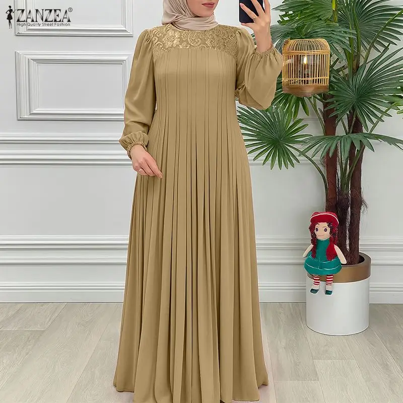 2025 mode musulmane Abaya Robe ZANZEA automne dentelle Patchwork robes femmes à manches longues plissée Robe d'été islamique dubaï Robe Femme