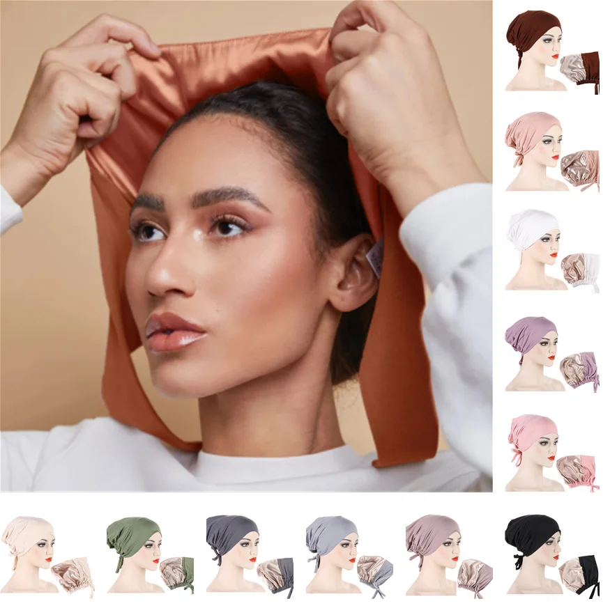 Bonnet Hijab en Satin Modal Double couche, sous-capuchon islamique avec cravate, Hijabs instantanés pour femmes, foulards turcs, Turban musulman, Bandana