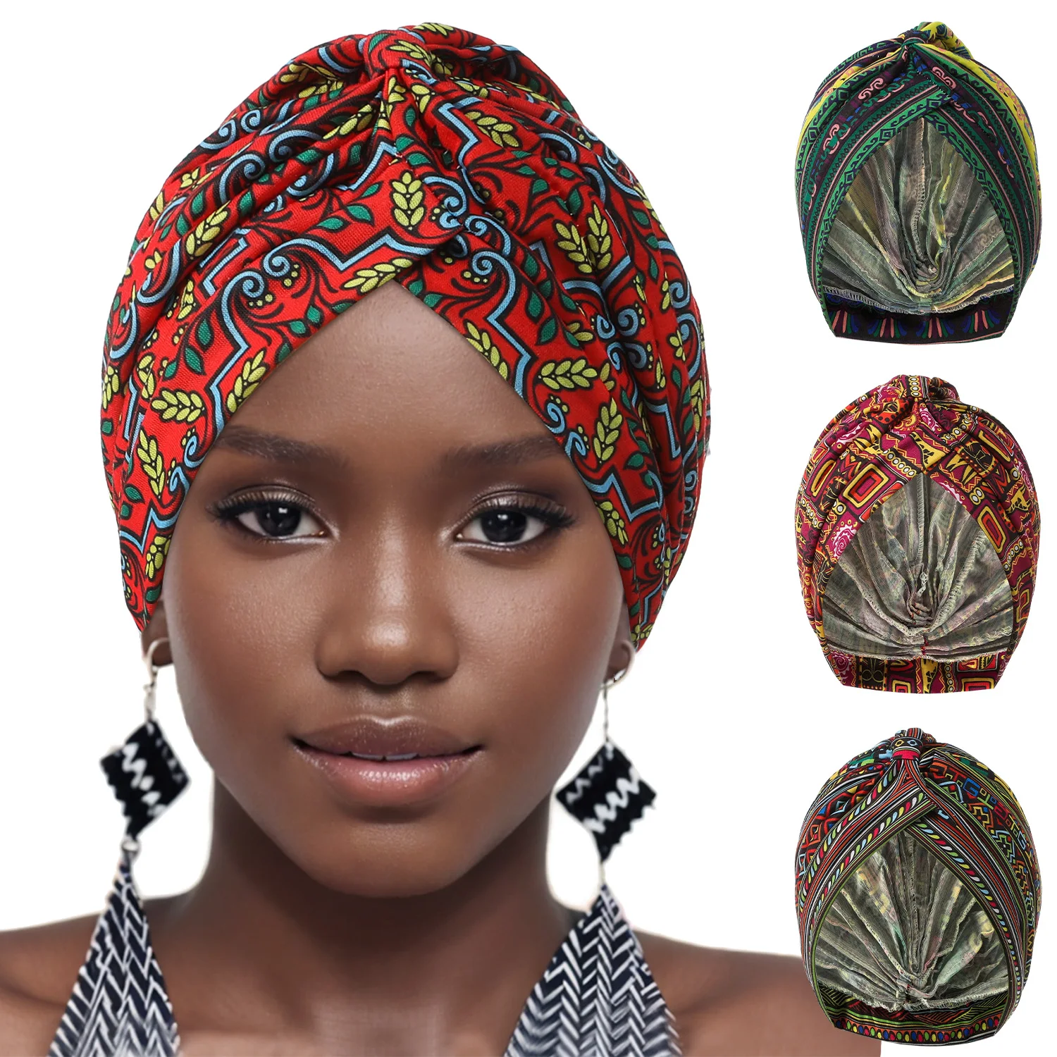 Turban Polyester Couleur Rouge Vert Bleu Noir Motifs Geometriques Complexes Coupe Cintrée Tombé Doux Confortable Occasion Journée Soirée