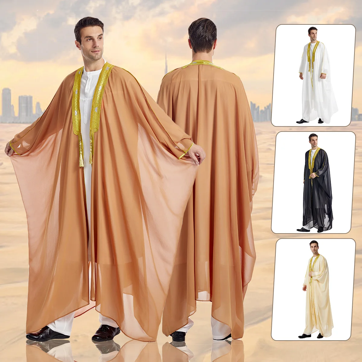 Robe musulmane pour hommes, kimono adt abaya, manches longues, brodée, en mousseline de soie, kaftan décontracté, thobe de dubaï