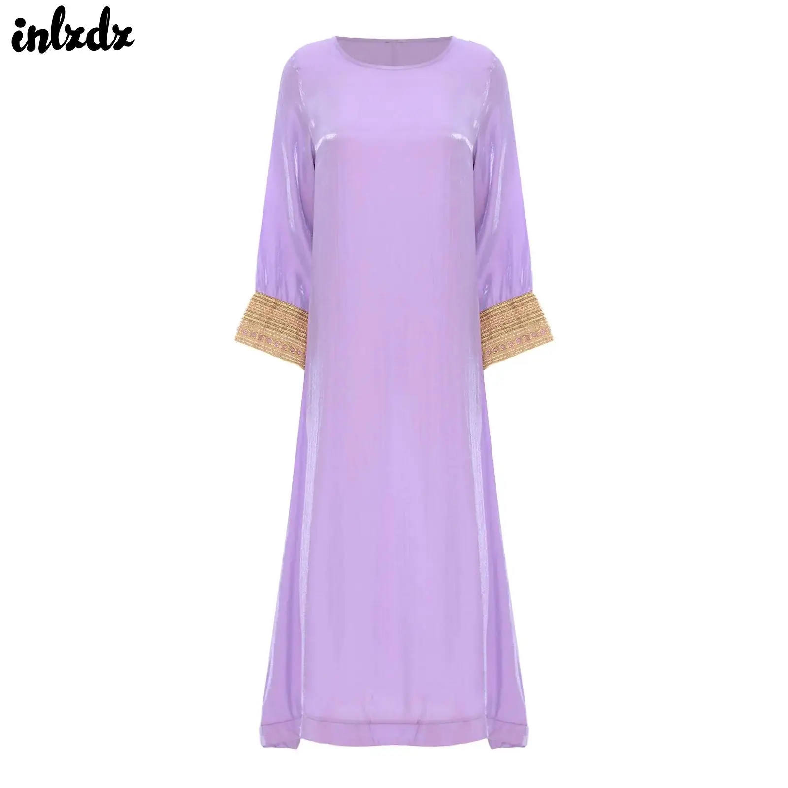 Womens Muslim Arabic Abaya Maxi Long Dress Pullover Robe Shiny Long Sleeve Loose Dubai Saudi Arabia Middle East Kaftan Dress
