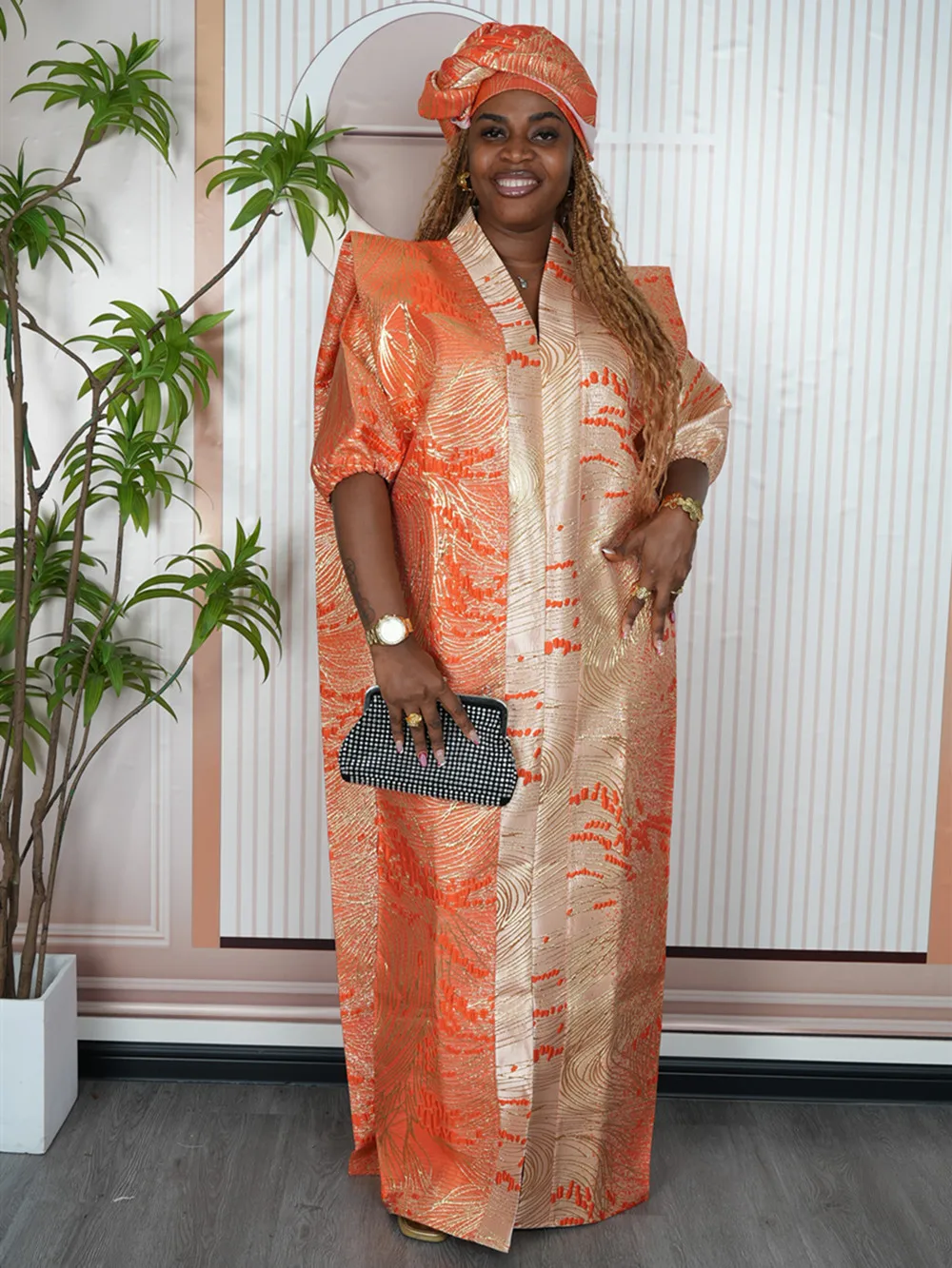 Robe Abaya Polyester Spandex Orange Beige Feuilles Verte Coupe Large Fluide Occasion Soiree Elargie Dubai