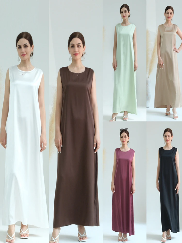 Noir blanc Satin soyeux miroitant sous Abaya Robe dubaï luxe 2024 été femmes turquie Islam Robe musulmane robes Musulmanes