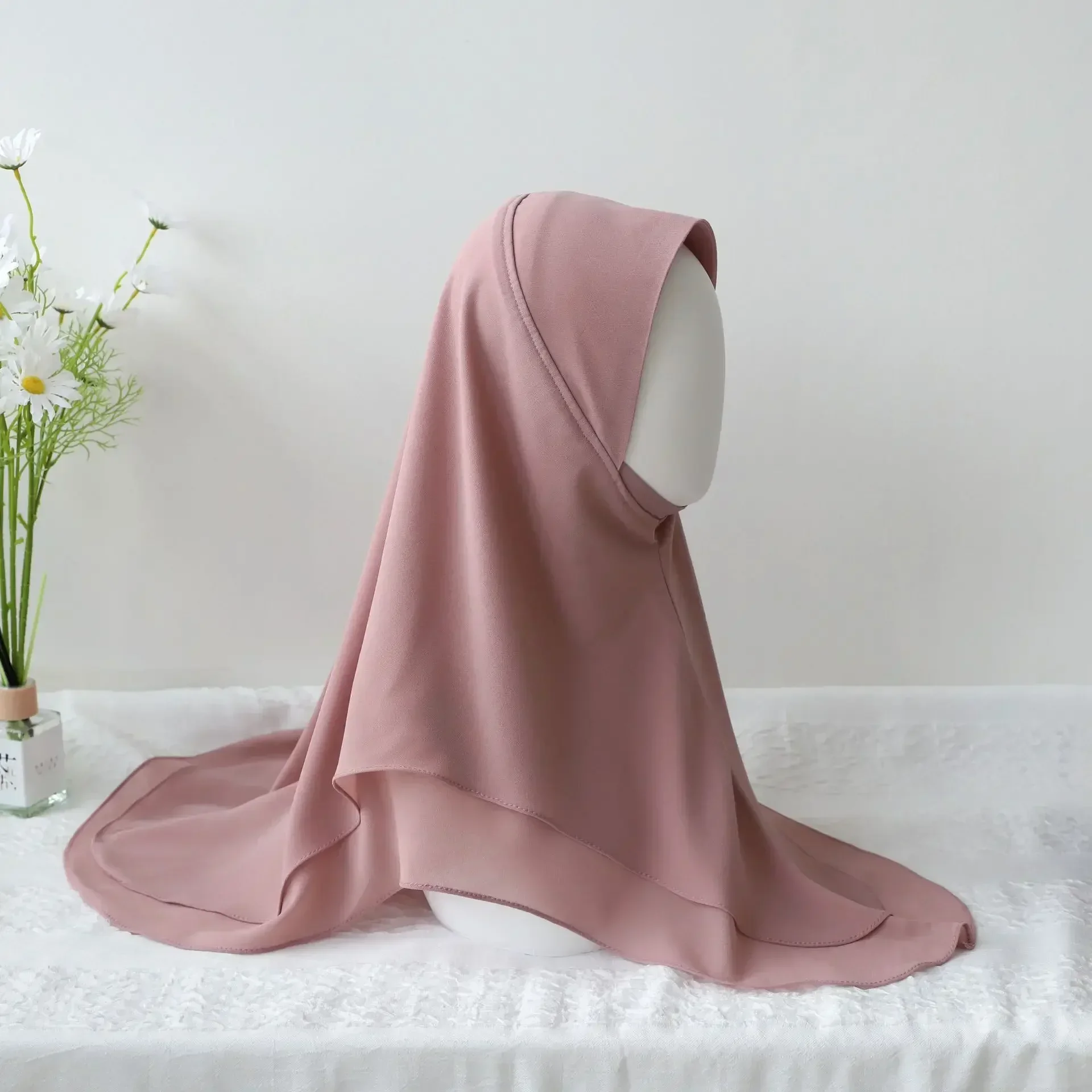 Mousseline de soie Hijab Jersey Hijabs pour femmes Turban malais pull couvre-chef Double couche couleur unie foulard Bonnet Hijab Turbante