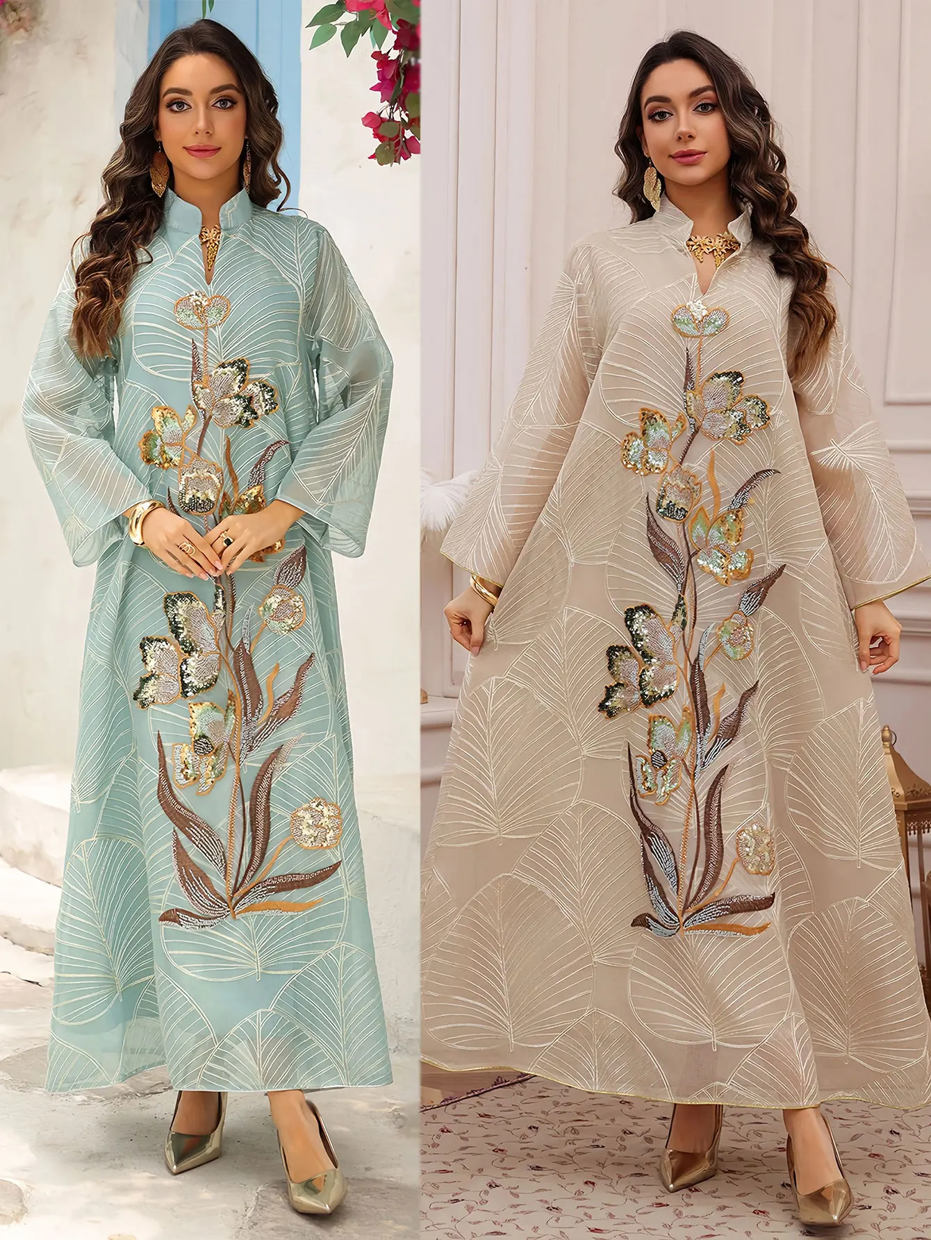 Abaya musulman de luxe inspiré de la Dubaï, broderie de fleurs à paillettes exquises sur motif de feuilles, idéale pour les événements sociaux du moyen-orient