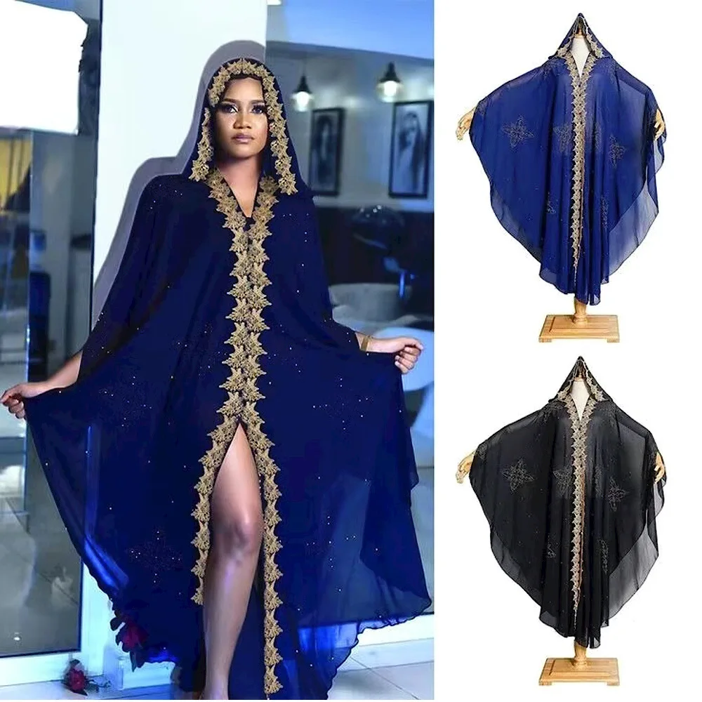 Abaya nouvelle mode américaine européenne femmes noir bleu ample à capuche à manches longues longueur cheville brodé diamant clouté robe