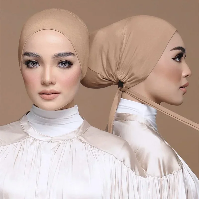 Modal musulman Turban chapeau intérieur Hijab casquettes islamique sous-écharpe Bonnet inde chapeau femme bandeau Turbante Mujer Hijab casquette avec corde