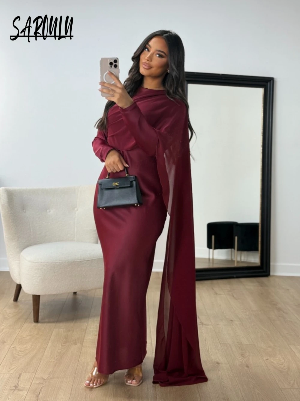 Abaya – Robe de soirée en Satin bordeaux pour femmes, modeste, Simple, offre spéciale, Robe de Cocktail avec Cape latérale, élégante, arabe, manches longues