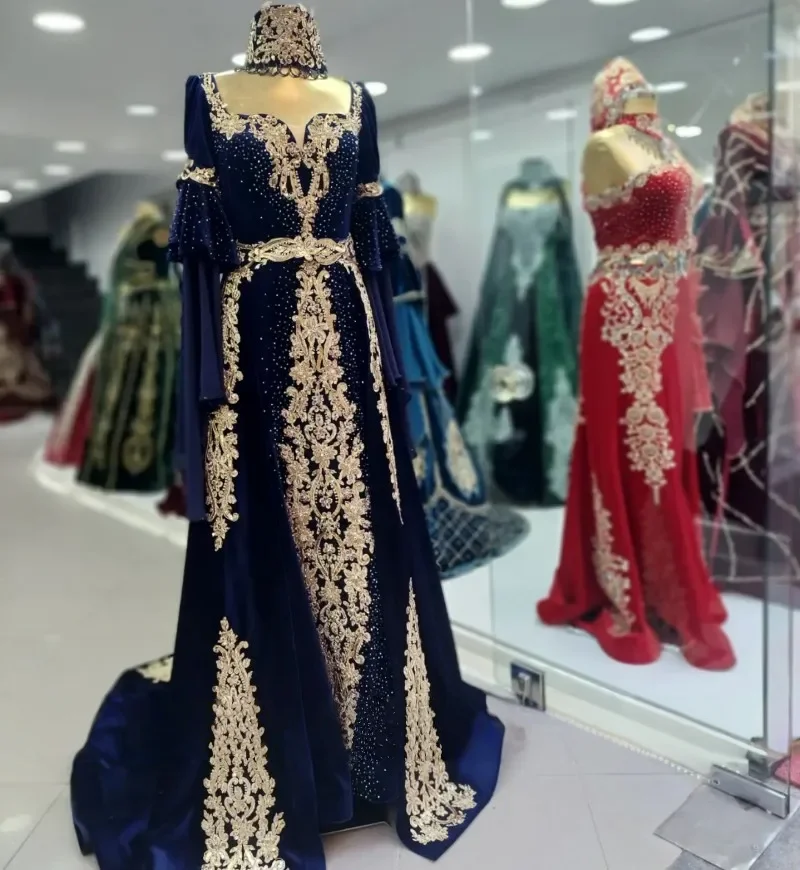 Caftan marocain bleu Caftan robes de soirée musulmanes a-ligne manches longues Appliques dubaï arabe Abaya robe islamique personnalisée