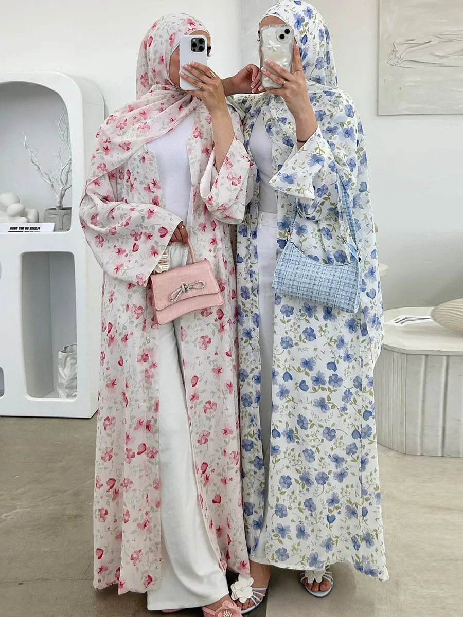 Femmes musulmanes dubaï Abaya luxe Double couche en mousseline de soie imprimé Robe Hijab caftan Ramadan Robe Femme Islam robes africaines Kebaya
