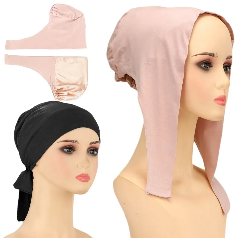 Bonnets doublés en satin pour femmes musulmanes, Hijab intérieur à lacets, enveloppes de sauna, casquettes turban décontractées, sous écharpe, document solide, arabe, islamique