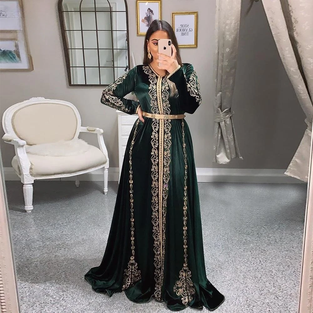 Kaftan marocain avec appliques, robes de soirée musulmanes, robe islamique, caftan de Dubaï arabe, caftan turc, abaya à manches longues, col en V, Industries celle
